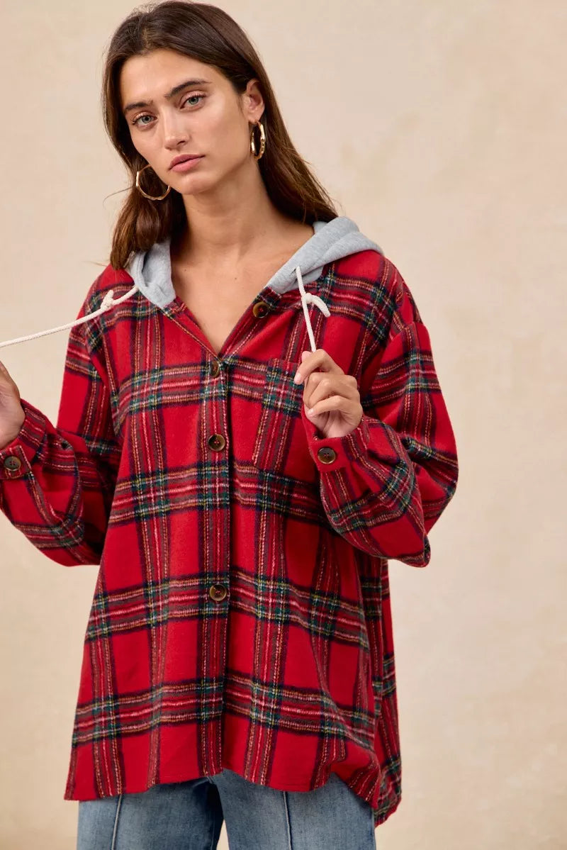 Brushed Plaid Hooded Jacket