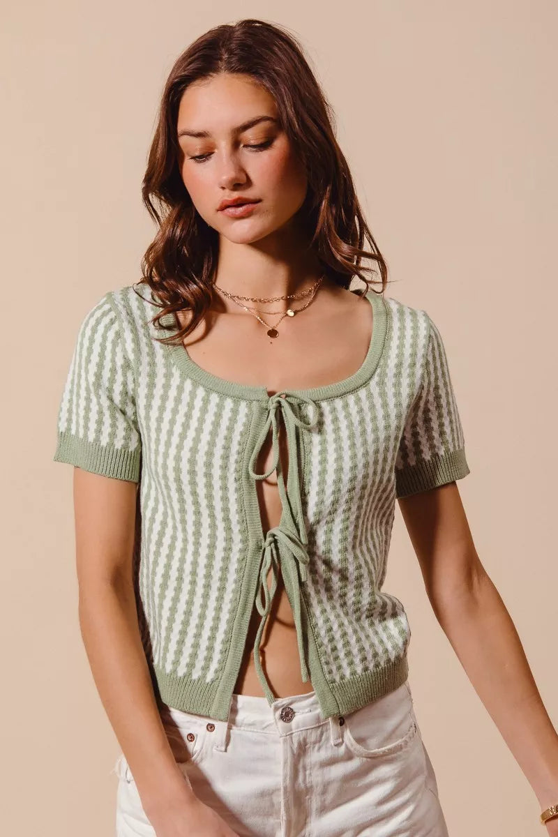 Tie Front Textured Vertical Stripe Knit Cardigan