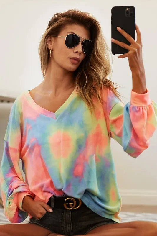 I am a Fashion Junky Tie Dye French Terry V Neck Top