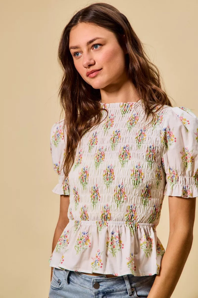 Floral Cotton Smocked Short Sleeves Blouse