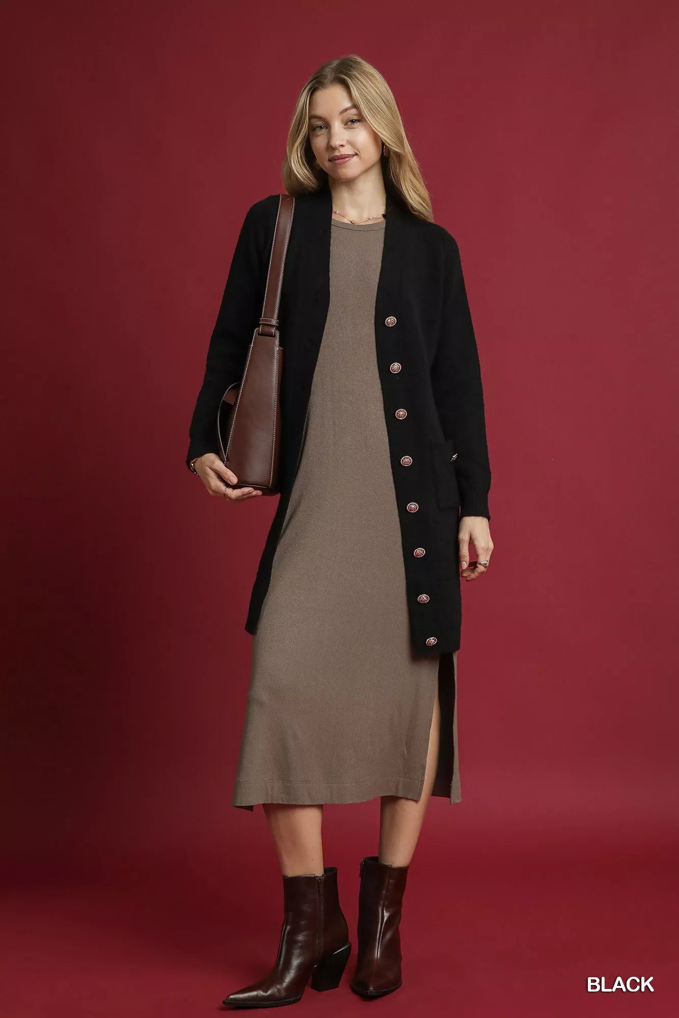 Button-Down Longline Sweater Cardigan with Front Pockets
