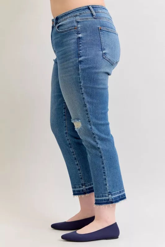 Full Size Mid Rise Bf Patch & Repair Destroy Release Hem Jeans Plus Size