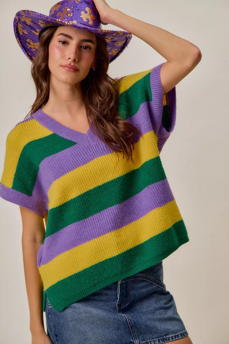 Mardi Gras Loose Fit V Neck Stripe Sweater Top