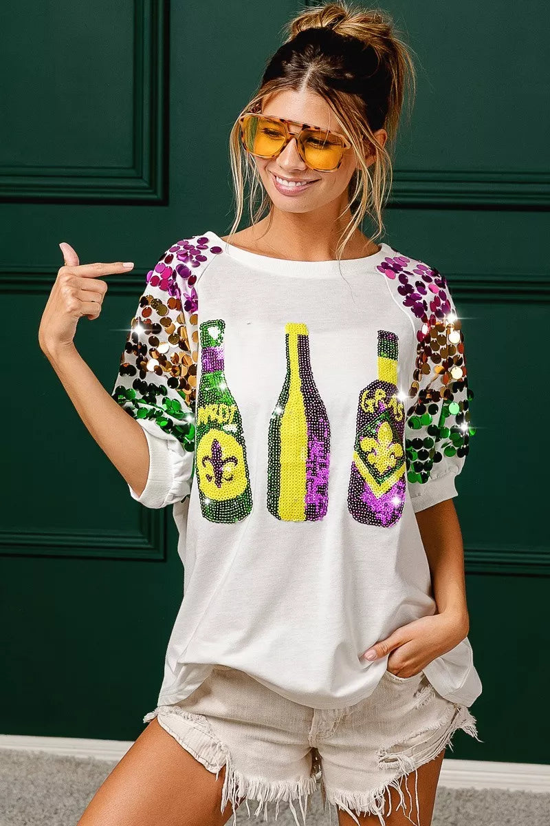 Sequin Mardi Gras Bottles Spangled Sleeve Top