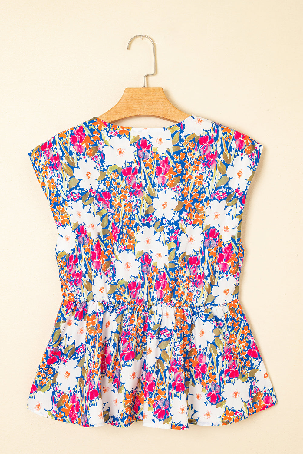 Rose Green Floral Print Bow Applique Slit Sleeveless Peplum Blouse