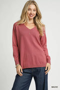 V-Neck High Low Hem Knit Top with Side Slit