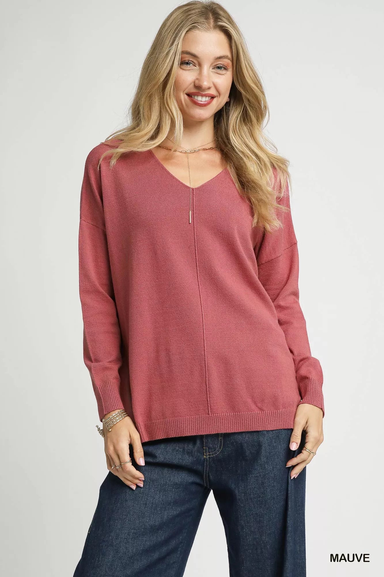 V-Neck High Low Hem Knit Top with Side Slit
