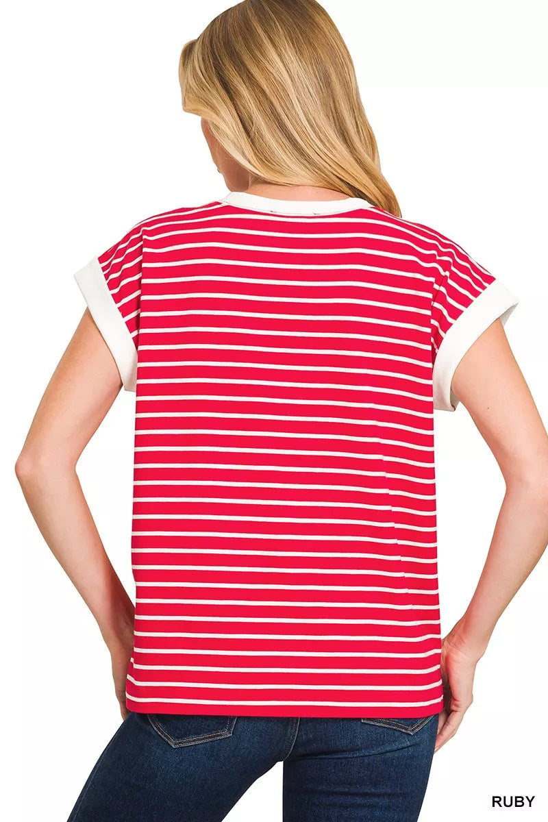 Full Size Contrast Trim Cap Sleeve Stripe Tee Plus Size