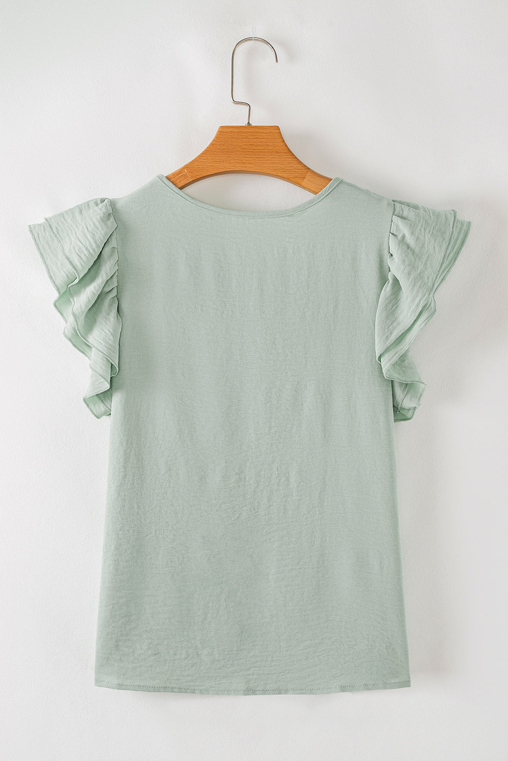 Mist Blue Solid Color Ruffle Sleeve Crinkled Blouse