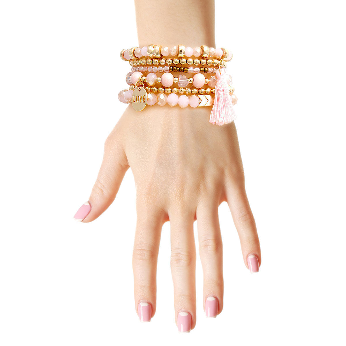 Bracelet Set 6 Pcs Light Brown Glass Trendy Layered Accessories