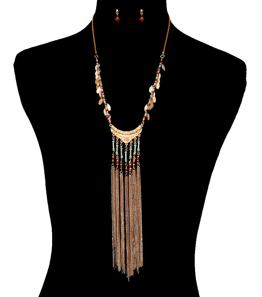 Tassel Necklace Set Brown Stylish Statement Jewelry