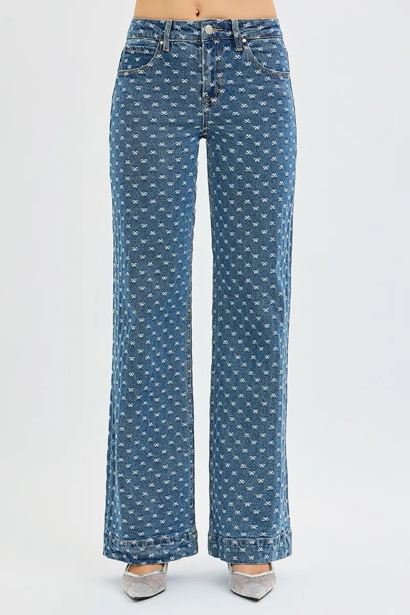 High Rise Wide Leg Bow Embroidered Jeans