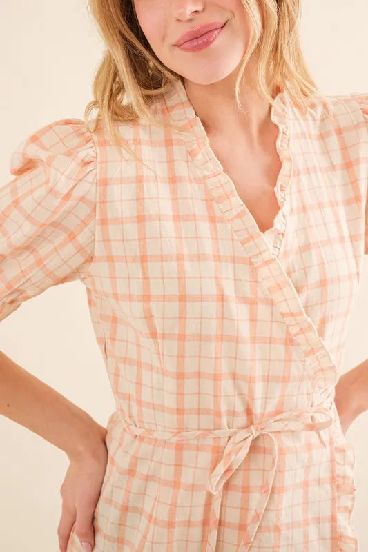 Plaid Patterned and Ruffled Wrap Blouse Top