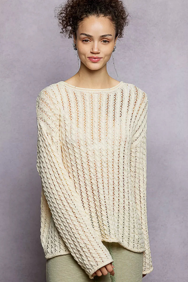 Openwork Round Neck Knit Top with Shiny Detail