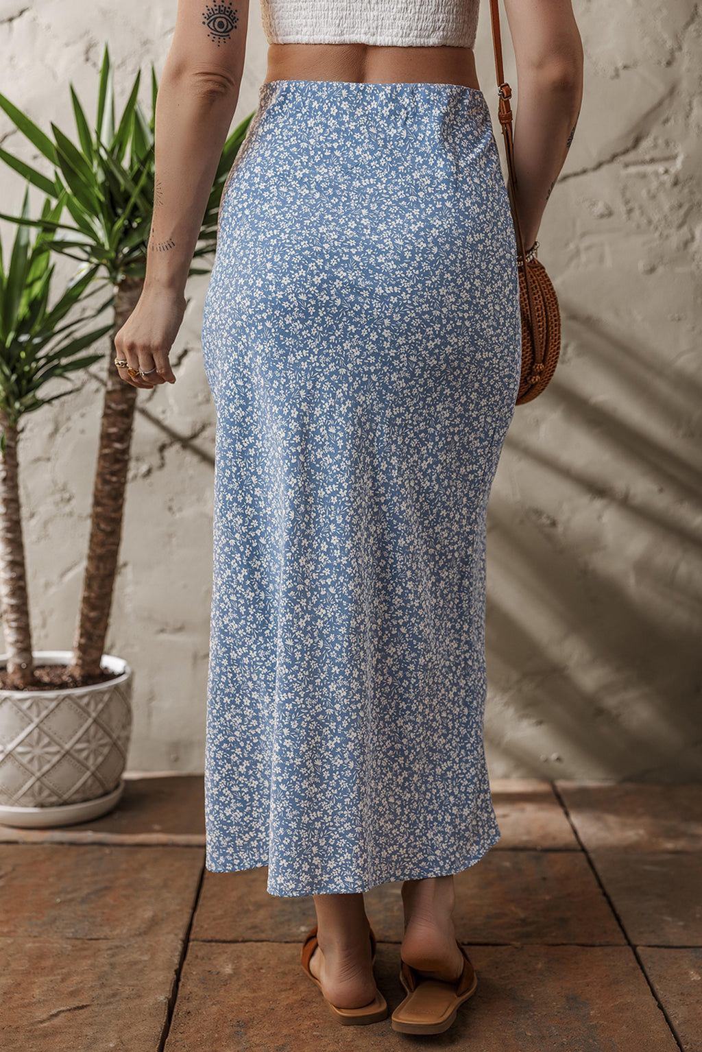 Sky Blue Boho Floral High Waist Long Skirt with Side Split