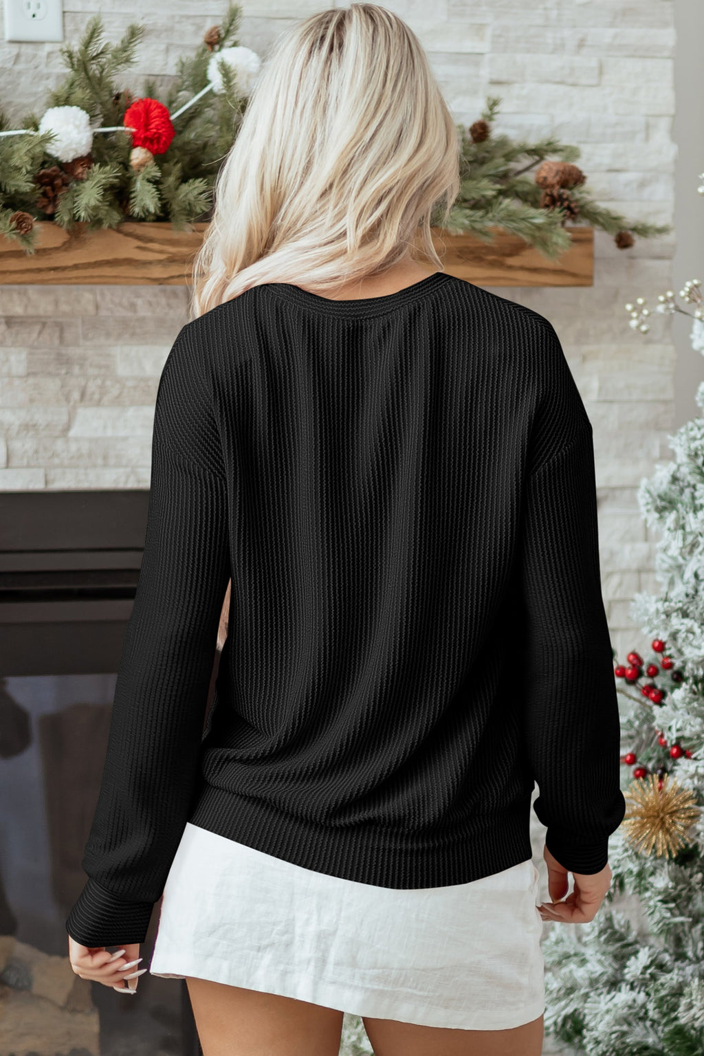 Black Twisted Rib Outlined Merry Letter Graphic Loose Long Sleeve Top