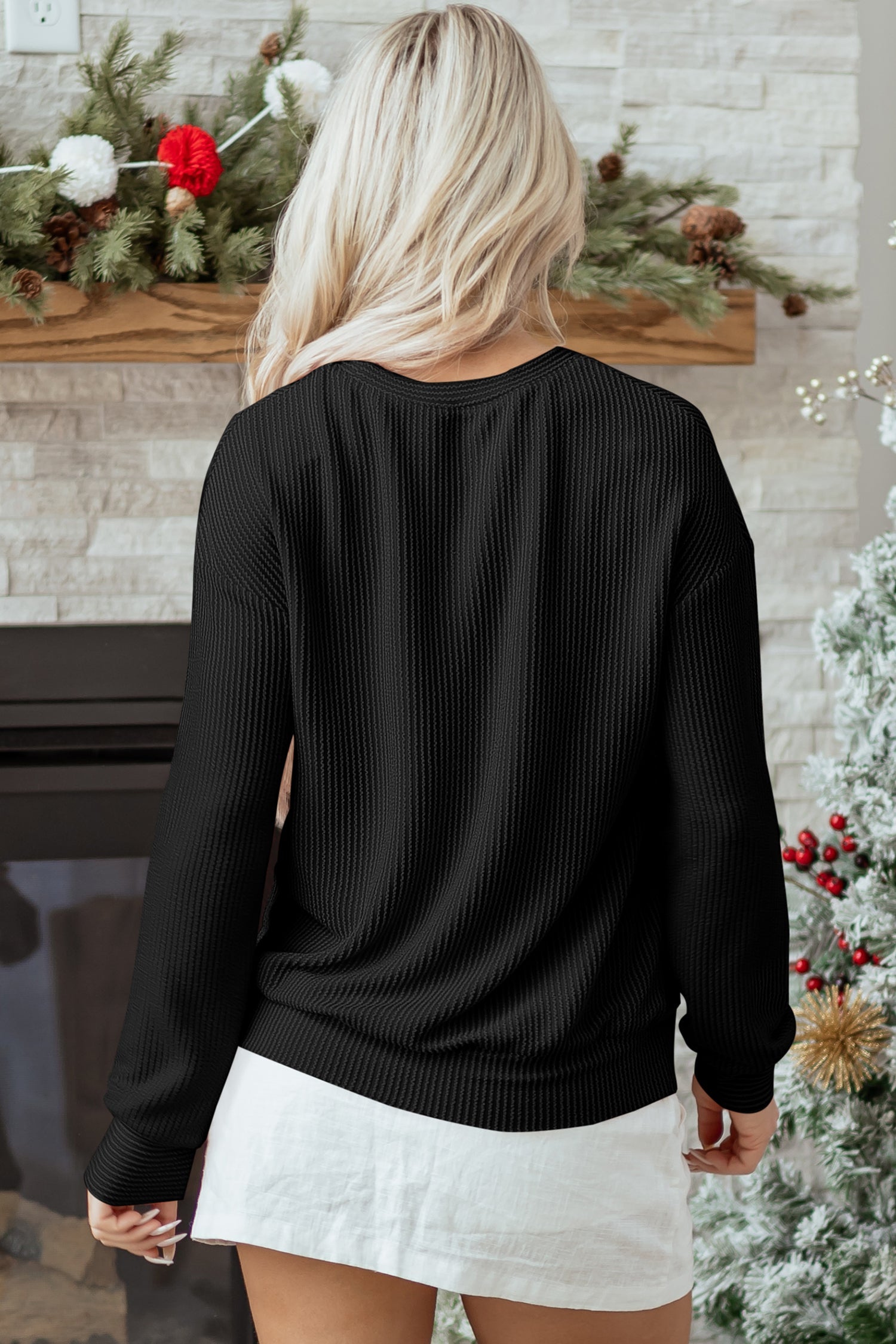 Black Twisted Rib Outlined Merry Letter Graphic Loose Long Sleeve Top