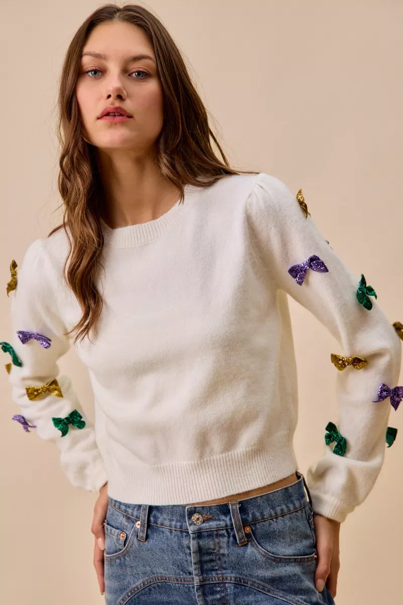 Mardi Gras Glitter Bow Ribbon Sweater Knit Top