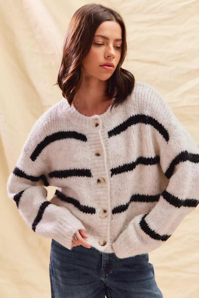 Stripe Soft Touch Button Cozy Sweater Cardigan