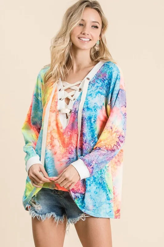 Tie Dye Deep V-neck Top With Lace Up Front