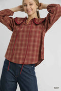Full Size Plaid Ruffle Collar Blouse Plus Size