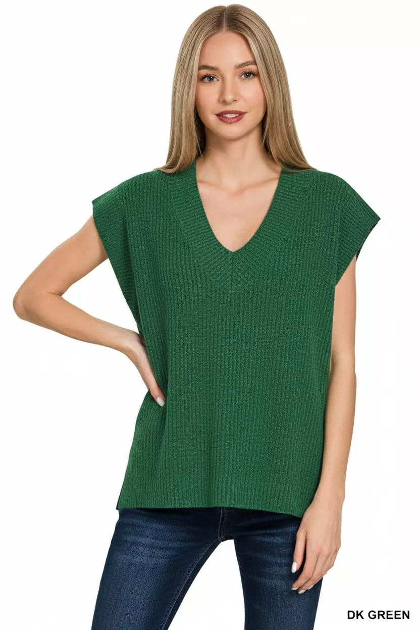 Ribbed Slit V-Neck Sweater Vest