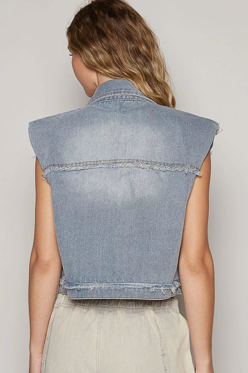 Assymetrical Front Closure Raw Hem Denim Vest
