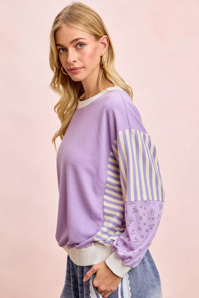 Mix and Match Sweatshirt with Floral Sleeve Striped
