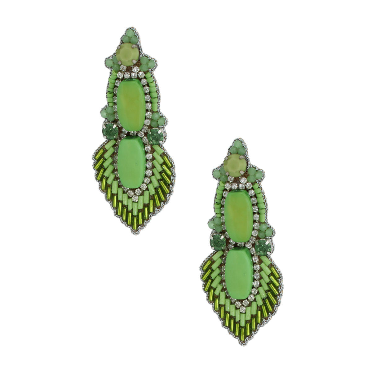 Embroidered Statement Earrings with Green Beads and Stones