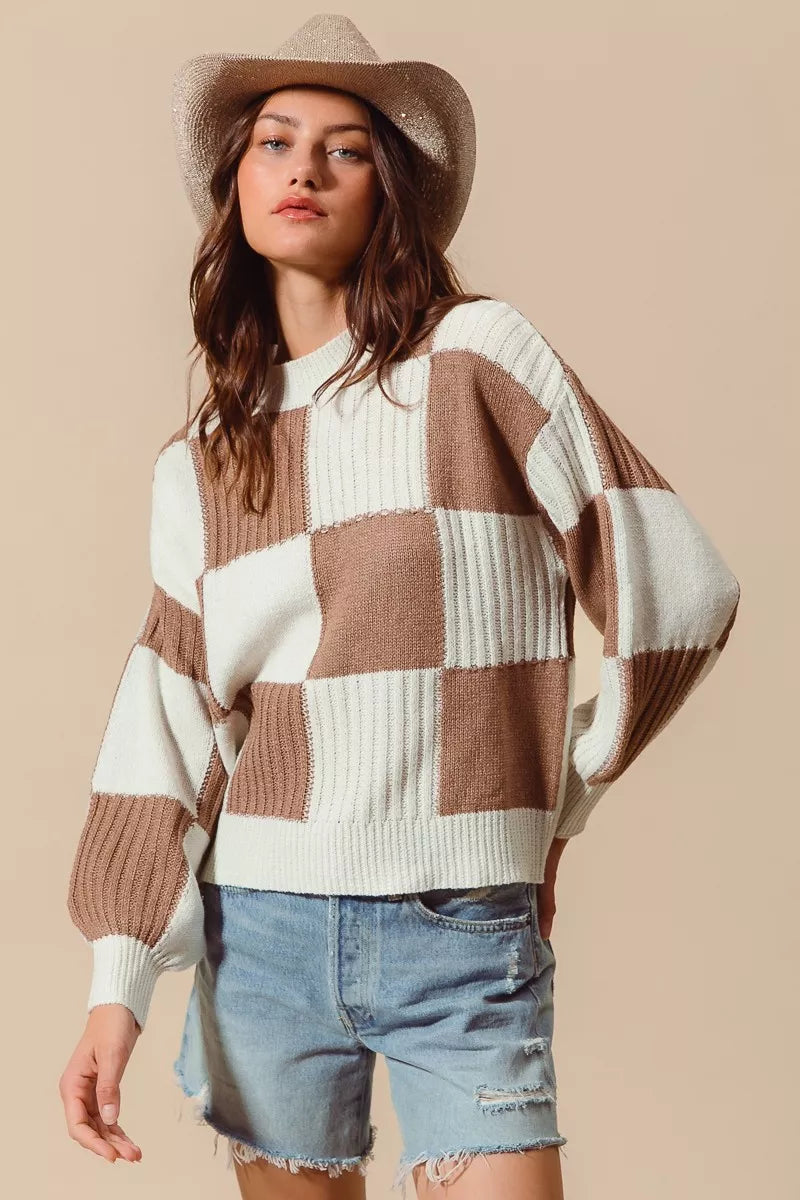 Ribbed Color Block Checkered Plaid Sweater