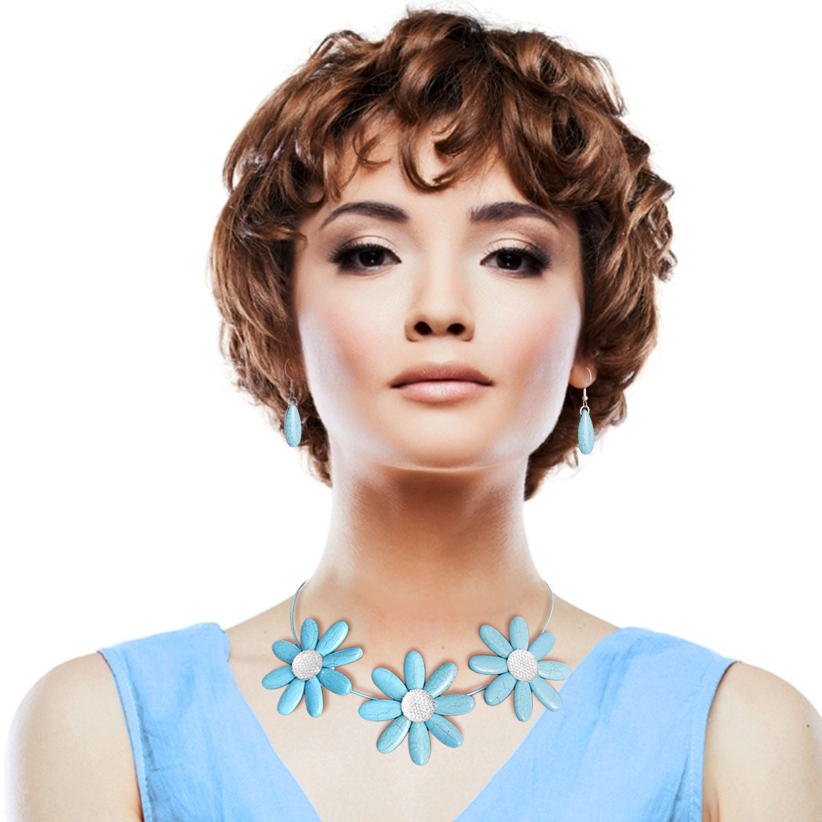 Statement Wire Collar Necklace with Turquoise Triple Flower Design