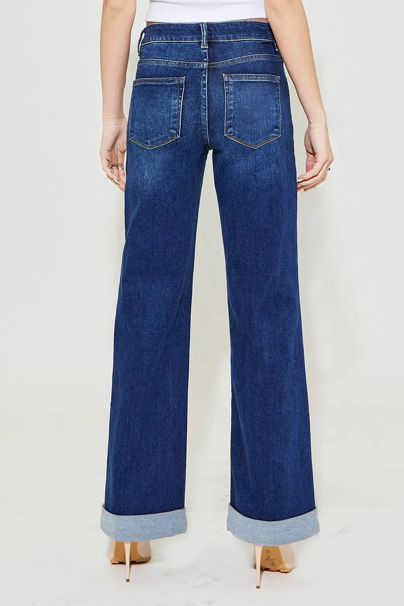 Full Size Tummy Control High Rise Wide Leg Cuffed Jeans Plus Size