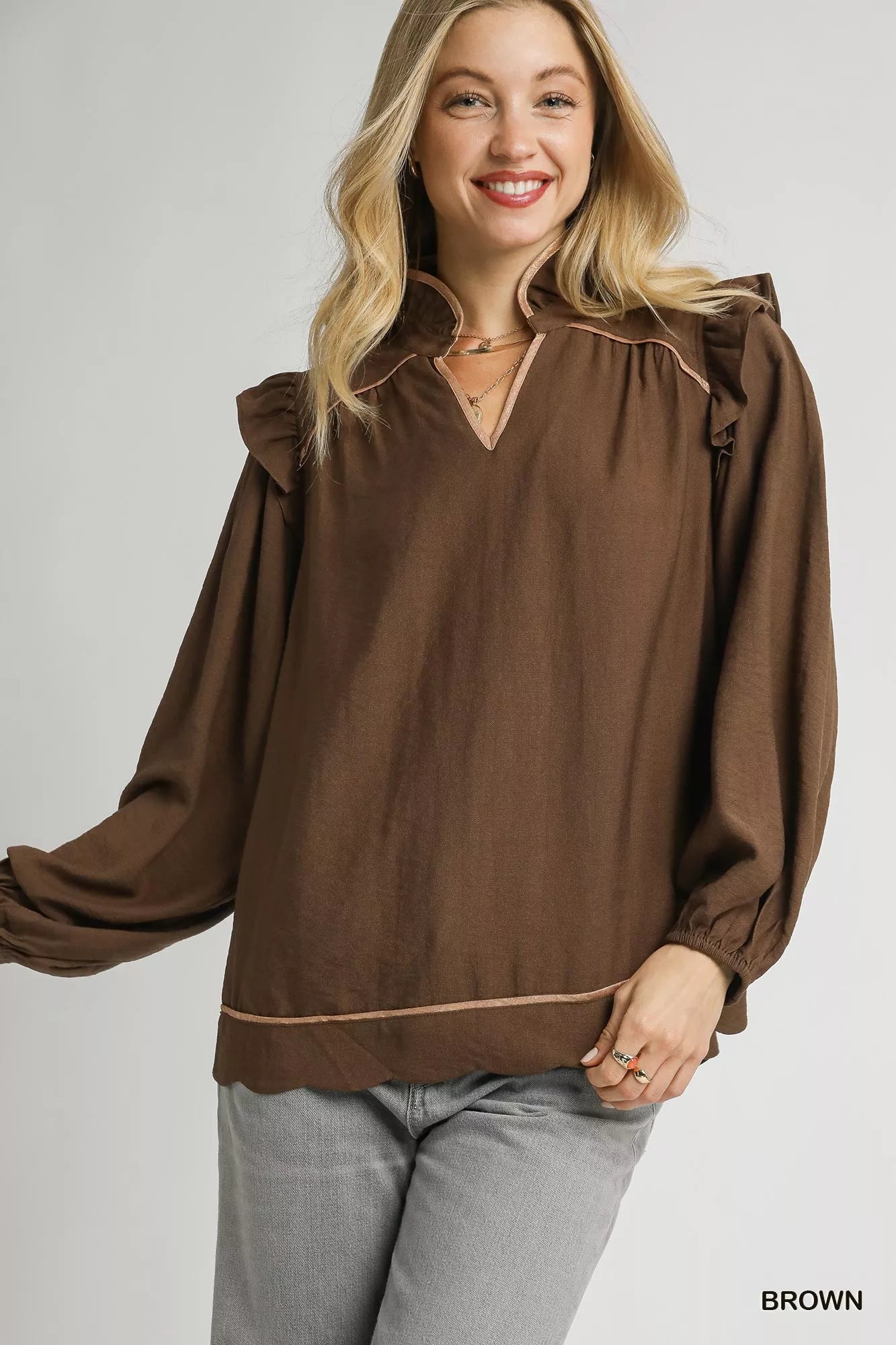 Ruffle Shoulder Long Sleeve Blouse