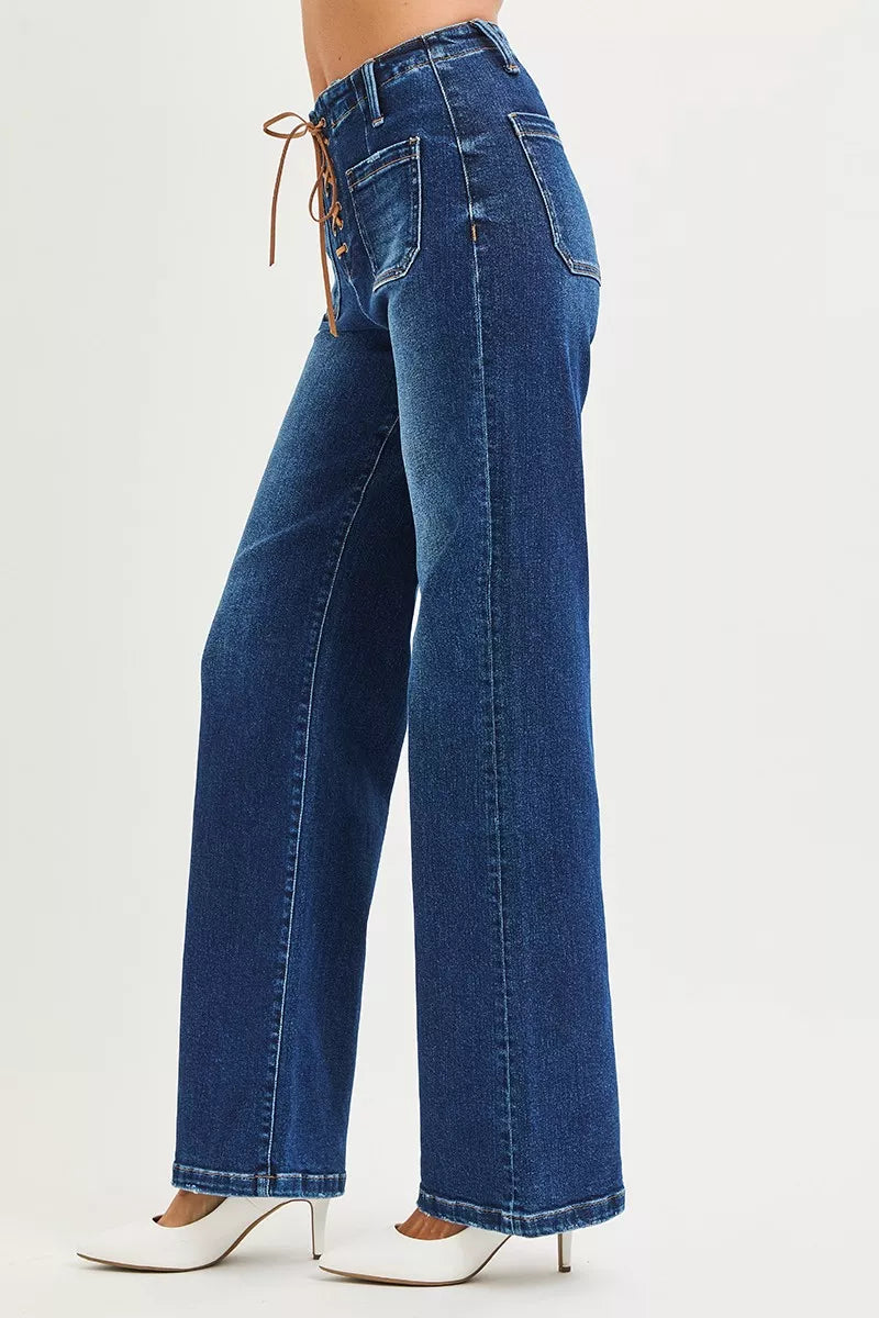 Full Size High Rise Wide Leg Jeans with Front Tie Detail Plus Size