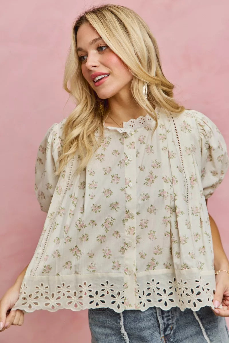 Floral Print Lace Trim Short Sleeves Blouse