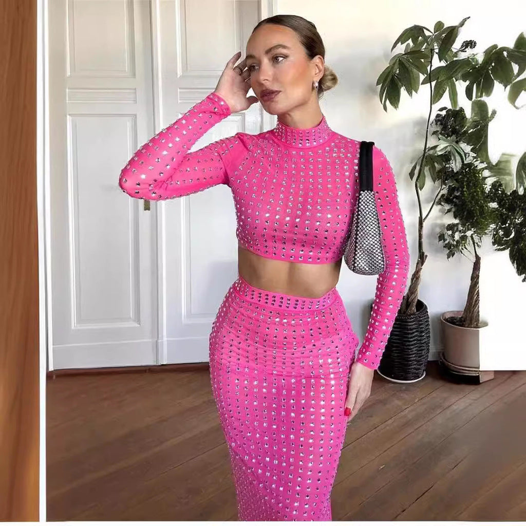 Hot Girl Women's Fashion Rivet Elastic Tight Skirt Suit See size chart under “more details”