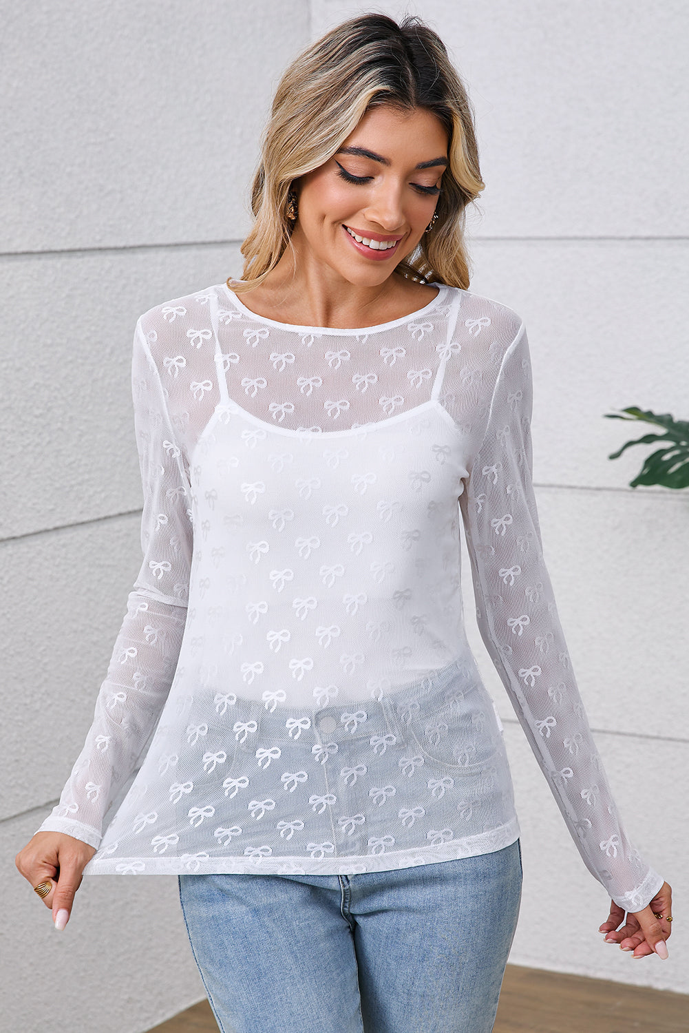 Black Bow Pattern Long Sleeve Slim Fit Mesh Top