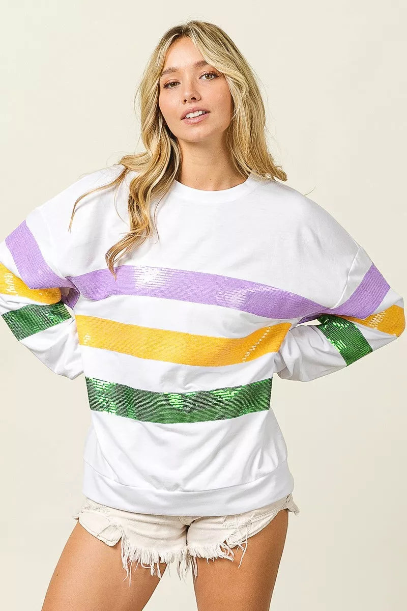 Sequin Mardi Gras Striped Round Neck Sweatshirt