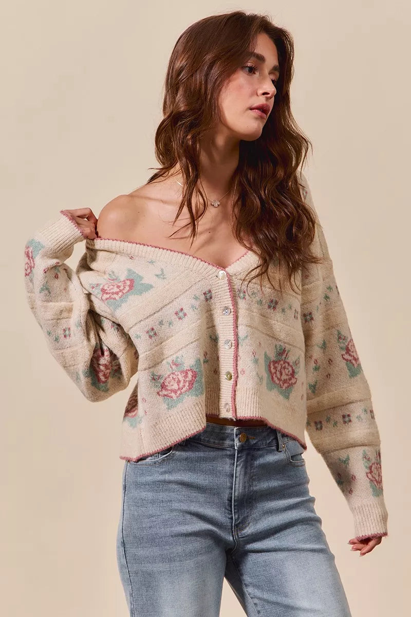 Floral Pattern Long Sleeve Button Sweater Cardigan