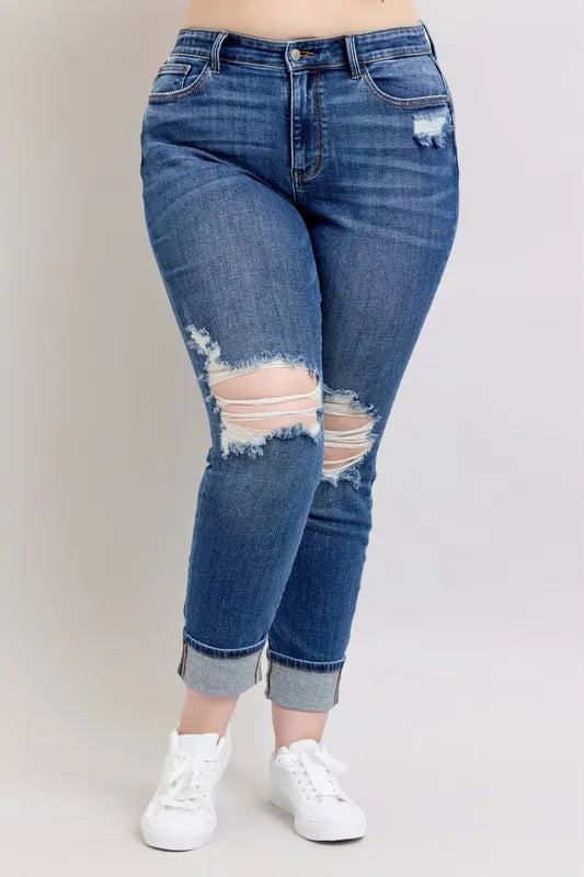 Full Size Mid Rise Boyfriend destroy Jeans with Yoke Pockets and Faux Selvedge Cuff Plus Size