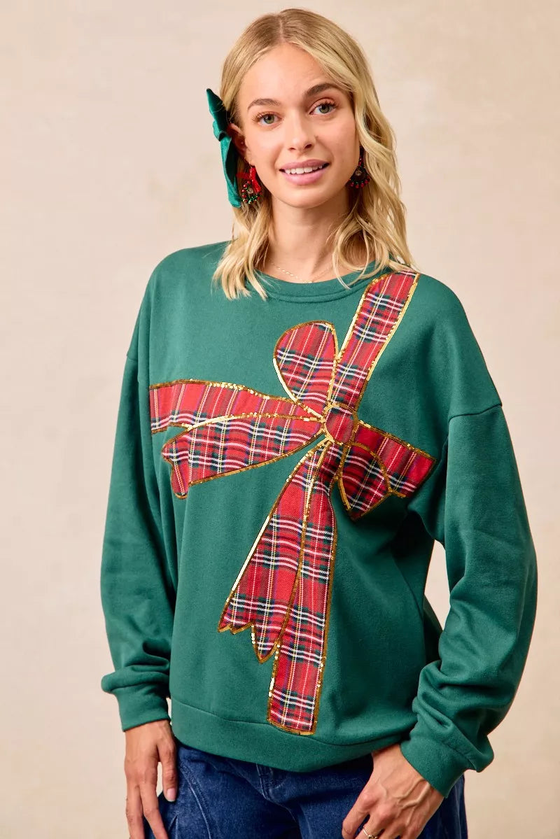 Plaid Ribbon Bow Detail Christmas Fleece Pullover