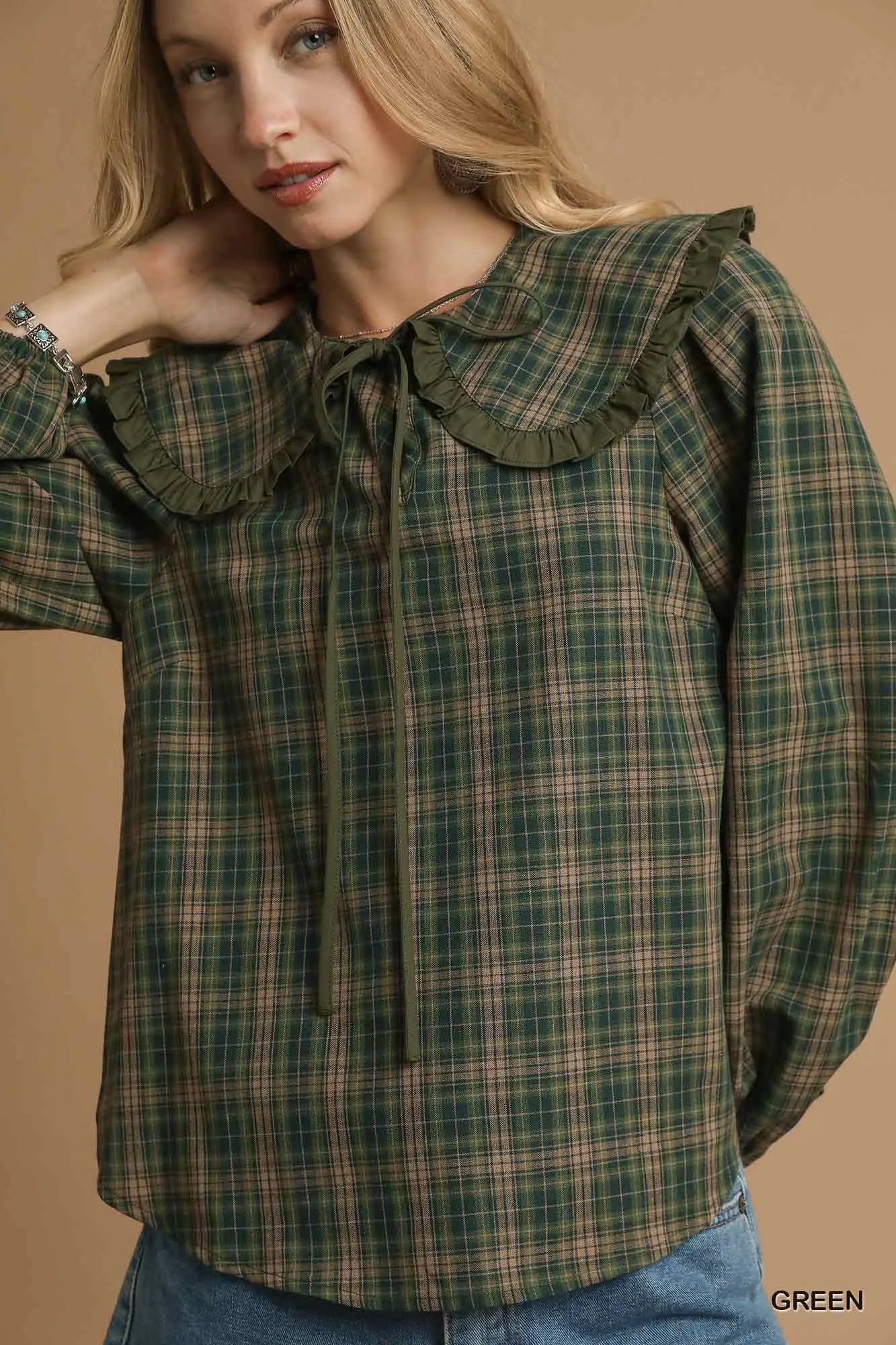 Full Size Plaid Ruffle Collar Blouse Plus Size