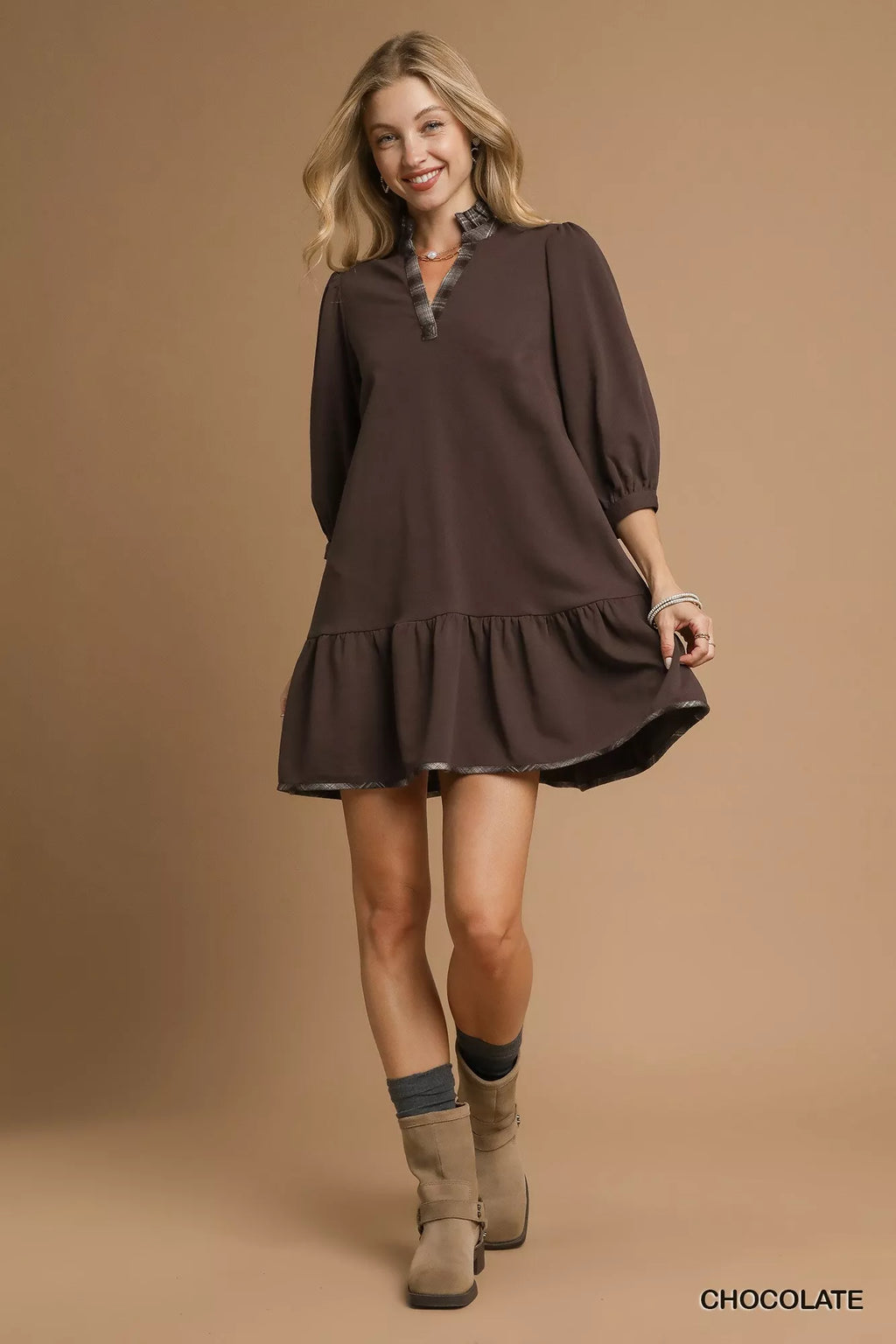 French Terry Ruffle Hem Dress with Plaid Trim