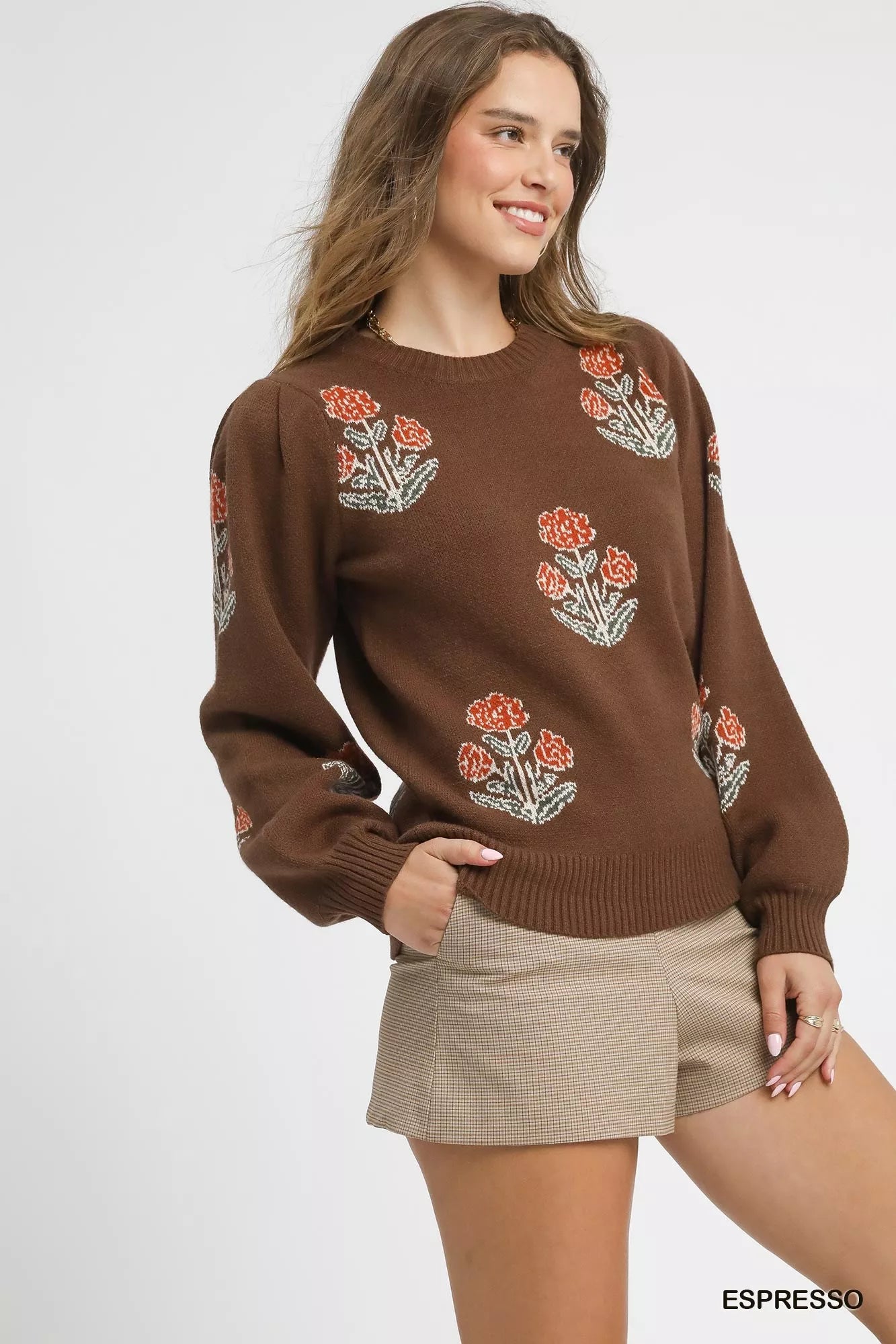 Floral Knit Sweater with Puff Sleeves