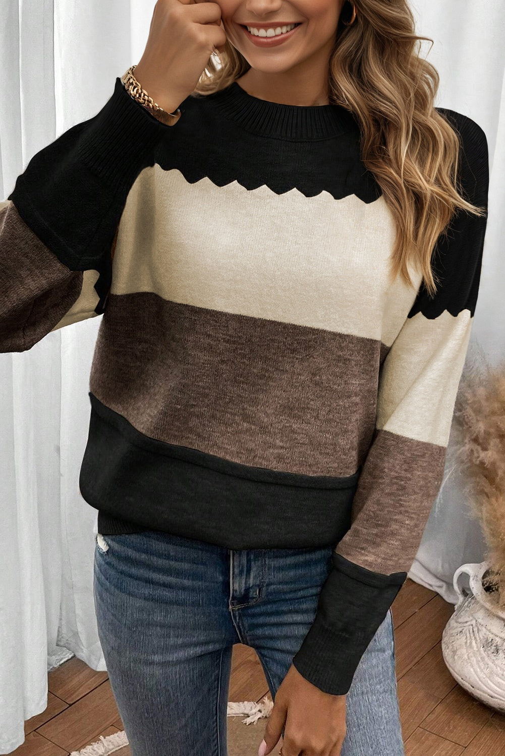 Black Colorblock Crew Neck Drop Shoulder Sweater