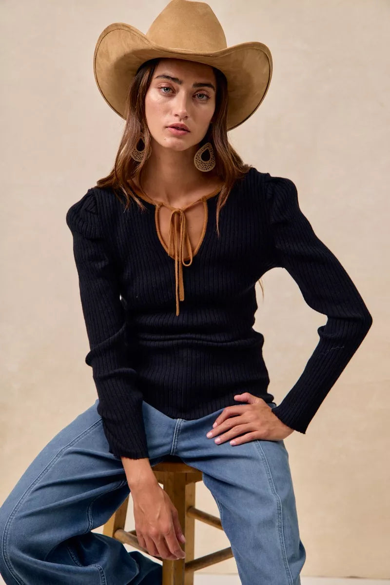 Ribbed Contrast Front Tied Top with Shrried