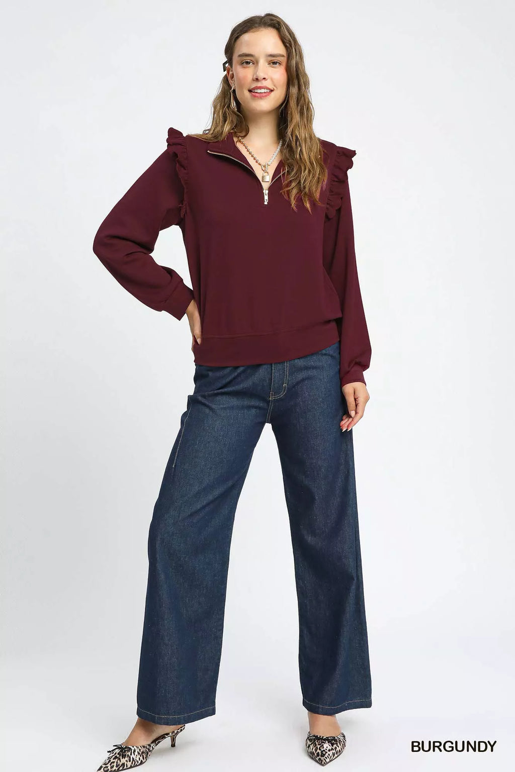 Luxeknit Ruffle Shoulder Quarter-Zip Sweatshirt