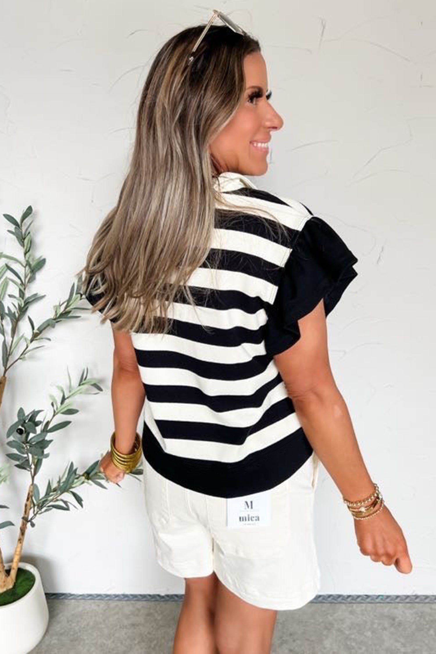 Black Stripe Collar V Neck Ruffled Short Sleeve Blouse