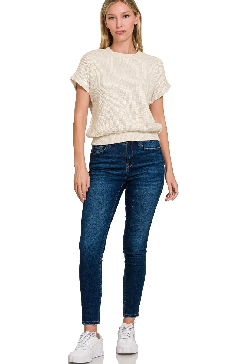 Round Neck Banded Botton Short Sleeve Sweater