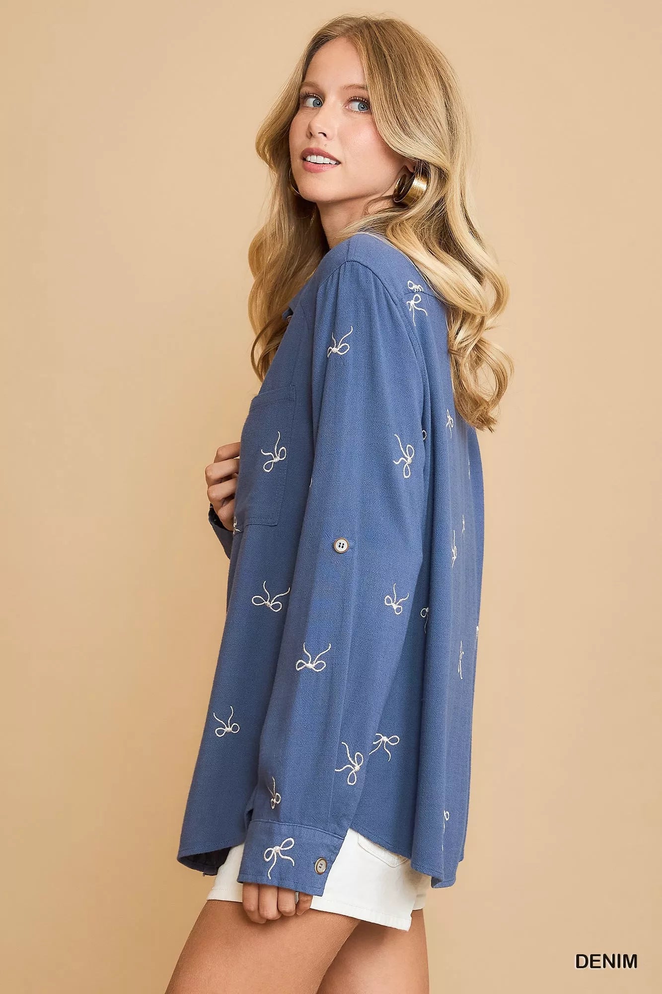 Linen Blend Fitted Shirt with Ribbon Embroidery Details